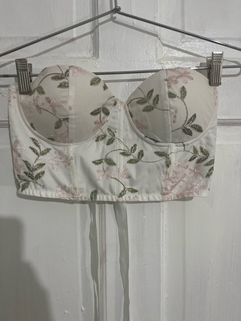 SHEIN White Floral Embroidered Bustier Top with Pink & Green